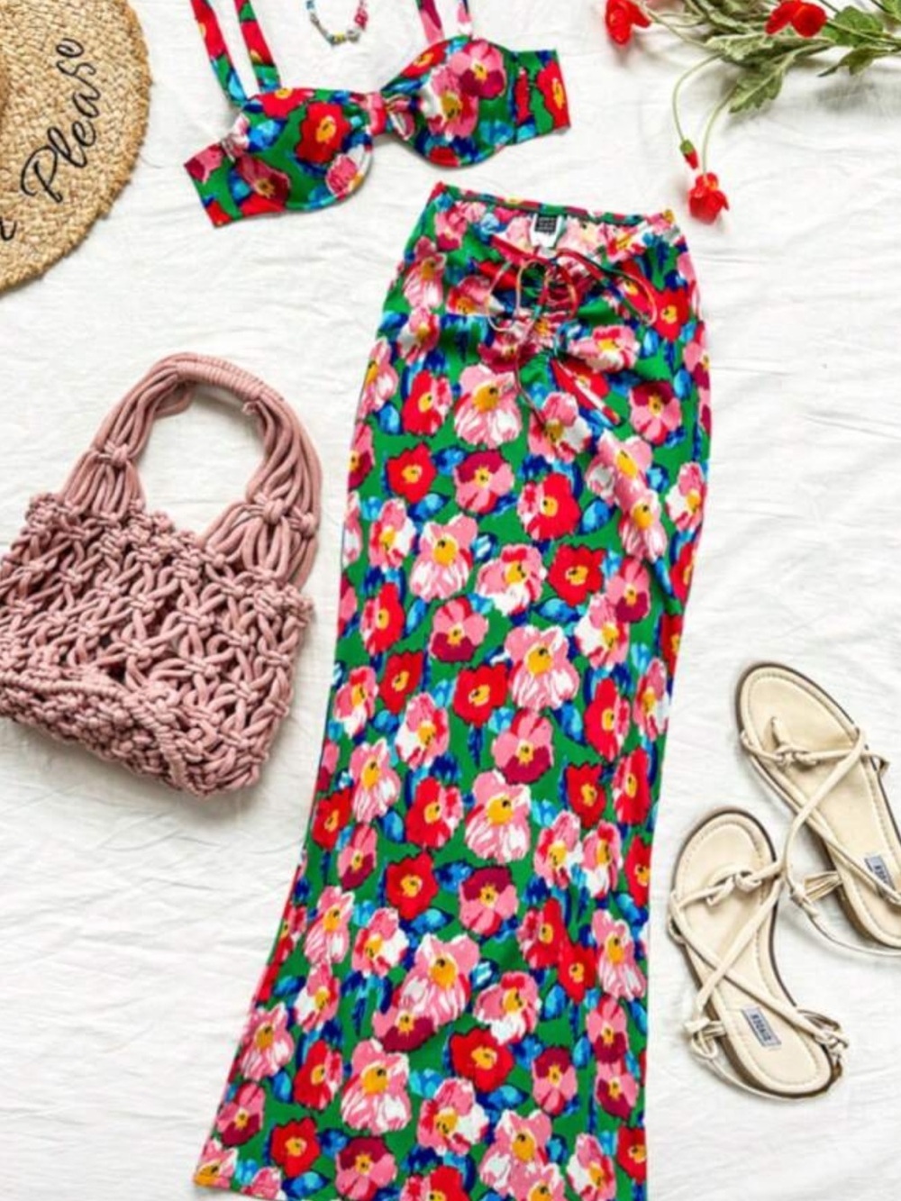 Colorful Floral Maxi Skirt + Top Set | Adjustable Top / Ruched Skirt | S | NWOT - Picture 7 of 7